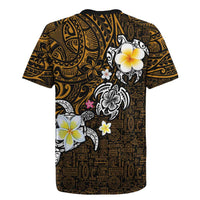 Hawaiian Turtle and Plumeria Rugby Jersey Polynesian Tattoo and Tribal Elements Pattern Orange Color