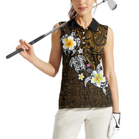 Hawaiian Turtle and Plumeria Women Sleeveless Polo Shirt Polynesian Tattoo and Tribal Elements Pattern Orange Color