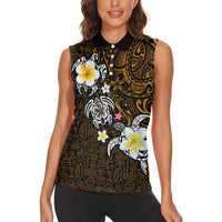 Hawaiian Turtle and Plumeria Women Sleeveless Polo Shirt Polynesian Tattoo and Tribal Elements Pattern Orange Color