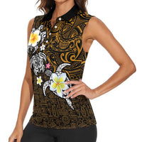Hawaiian Turtle and Plumeria Women Sleeveless Polo Shirt Polynesian Tattoo and Tribal Elements Pattern Orange Color
