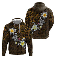 Hawaiian Turtle and Plumeria Zip Hoodie Polynesian Tattoo and Tribal Elements Pattern Orange Color
