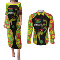 Personalised Vanuatu Running Couples Matching Puletasi and Long Sleeve Button Shirt Footprint and Hibiscus Polynesian Style