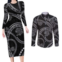 Hawaiian Kakau Art and Hisbiscus Tattoo Couples Matching Long Sleeve Bodycon Dress and Long Sleeve Button Shirt Tribal Pattern-Silver Style - Polynesian Pride
