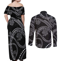 Hawaiian Kakau Art and Hisbiscus Tattoo Couples Matching Off Shoulder Maxi Dress and Long Sleeve Button Shirt Tribal Pattern-Silver Style - Polynesian Pride