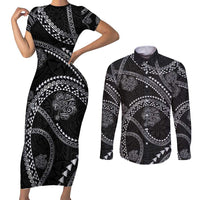 Hawaiian Kakau Art and Hisbiscus Tattoo Couples Matching Short Sleeve Bodycon Dress and Long Sleeve Button Shirt Tribal Pattern-Silver Style - Polynesian Pride