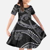 Hawaiian Kakau Art and Hisbiscus Tattoo Family Matching Long Sleeve Bodycon Dress and Hawaiian Shirt Tribal Pattern-Silver Style - Polynesian Pride