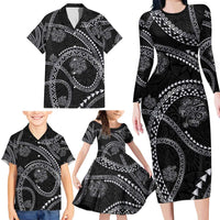 Hawaiian Kakau Art and Hisbiscus Tattoo Family Matching Long Sleeve Bodycon Dress and Hawaiian Shirt Tribal Pattern-Silver Style - Polynesian Pride