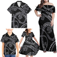 Hawaiian Kakau Art and Hisbiscus Tattoo Family Matching Off Shoulder Maxi Dress and Hawaiian Shirt Tribal Pattern-Silver Style - Polynesian Pride
