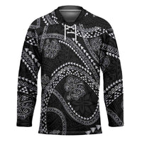 Hawaiian Kakau Art and Hisbiscus Tattoo Hockey Jersey Tribal Pattern-Silver Style LT03 Unisex Black - Polynesian Pride