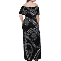 Hawaiian Kakau Art and Hisbiscus Tattoo Off Shoulder Maxi Dress Tribal Pattern-Silver Style - Polynesian Pride