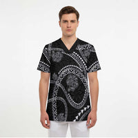 Hawaiian Kakau Art and Hisbiscus Tattoo Scrub Top Tribal Pattern-Silver Style - Polynesian Pride
