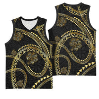 Hawaiian Kakau Art and Hisbiscus Tattoo Basketball Jersey Tribal Pattern-Gold Style - Polynesian Pride