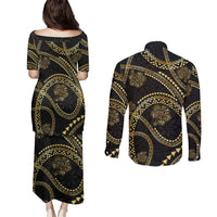 Hawaiian Kakau Art and Hisbiscus Tattoo Couples Matching Puletasi and Long Sleeve Button Shirt Tribal Pattern-Gold Style - Polynesian Pride