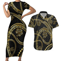 Hawaiian Kakau Art and Hisbiscus Tattoo Couples Matching Short Sleeve Bodycon Dress and Hawaiian Shirt Tribal Pattern-Gold Style - Polynesian Pride