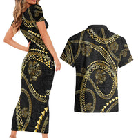 Hawaiian Kakau Art and Hisbiscus Tattoo Couples Matching Short Sleeve Bodycon Dress and Hawaiian Shirt Tribal Pattern-Gold Style - Polynesian Pride