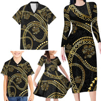 Hawaiian Kakau Art and Hisbiscus Tattoo Family Matching Long Sleeve Bodycon Dress and Hawaiian Shirt Tribal Pattern-Gold Style - Polynesian Pride