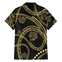 Hawaiian Kakau Art and Hisbiscus Tattoo Family Matching Off Shoulder Short Dress and Hawaiian Shirt Tribal Pattern-Gold Style - Polynesian Pride
