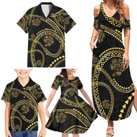 Hawaiian Kakau Art and Hisbiscus Tattoo Family Matching Summer Maxi Dress and Hawaiian Shirt Tribal Pattern-Gold Style - Polynesian Pride