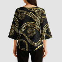 Hawaiian Kakau Art and Hisbiscus Tattoo Kimono Sleeve Blouse Tribal Pattern-Gold Style - Polynesian Pride