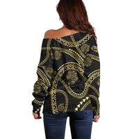 Hawaiian Kakau Art and Hisbiscus Tattoo Off Shoulder Sweater Tribal Pattern-Gold Style - Polynesian Pride