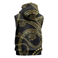 Hawaiian Kakau Art and Hisbiscus Tattoo Sleeveless Hoodie Tribal Pattern-Gold Style - Polynesian Pride