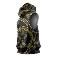 Hawaiian Kakau Art and Hisbiscus Tattoo Sleeveless Hoodie Tribal Pattern-Gold Style - Polynesian Pride