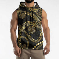 Hawaiian Kakau Art and Hisbiscus Tattoo Sleeveless Hoodie Tribal Pattern-Gold Style - Polynesian Pride