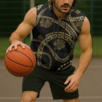 Hawaiian Kakau Art and Hisbiscus Tattoo Sleeveless Zip Hoodie Tribal Pattern-Gold Style LT03 - Polynesian Pride