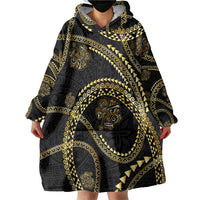 Hawaiian Kakau Art and Hisbiscus Tattoo Wearable Blanket Hoodie Tribal Pattern-Gold Style - Polynesian Pride