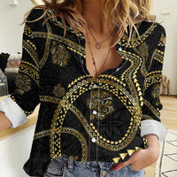 Hawaiian Kakau Art and Hisbiscus Tattoo Women Casual Shirt Tribal Pattern-Gold Style - Polynesian Pride