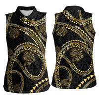Hawaiian Kakau Art and Hisbiscus Tattoo Women Sleeveless Polo Shirt Tribal Pattern-Gold Style - Polynesian Pride
