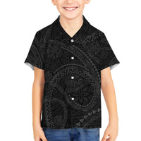 Hawaiian Kakau Art and Hisbiscus Tattoo Family Matching Off The Shoulder Long Sleeve Dress and Hawaiian Shirt Tribal Pattern-Black Gradient Style - Polynesian Pride