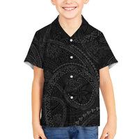 Hawaiian Kakau Art and Hisbiscus Tattoo Family Matching Short Sleeve Bodycon Dress and Hawaiian Shirt Tribal Pattern-Black Gradient Style - Polynesian Pride