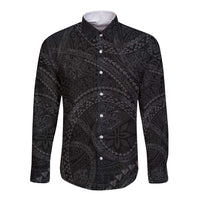 Hawaiian Kakau Art and Hisbiscus Tattoo Long Sleeve Button Shirt Tribal Pattern-Black Gradient Style - Polynesian Pride