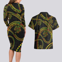 Hawaiian Kakau Art and Hisbiscus Tattoo Couples Matching Long Sleeve Bodycon Dress and Hawaiian Shirt Tribal Pattern-Reggae Style - Polynesian Pride