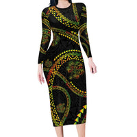 Hawaiian Kakau Art and Hisbiscus Tattoo Family Matching Long Sleeve Bodycon Dress and Hawaiian Shirt Tribal Pattern-Reggae Style - Polynesian Pride