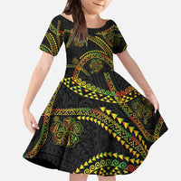 Hawaiian Kakau Art and Hisbiscus Tattoo Family Matching Short Sleeve Bodycon Dress and Hawaiian Shirt Tribal Pattern-Reggae Style - Polynesian Pride