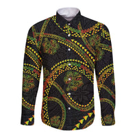Hawaiian Kakau Art and Hisbiscus Tattoo Long Sleeve Button Shirt Tribal Pattern-Reggae Style - Polynesian Pride