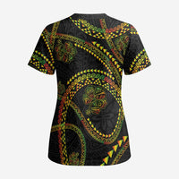 Hawaiian Kakau Art and Hisbiscus Tattoo Scrub Top Tribal Pattern-Reggae Style - Polynesian Pride