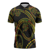 Hawaiian Kakau Art and Hisbiscus Tattoo Zipper Polo Shirt Tribal Pattern-Reggae Style - Polynesian Pride