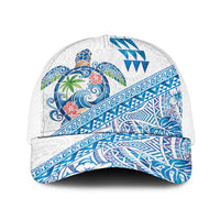 Hawaiian Abstract Sea Turtle Baseball Net Cap Polynesian Tapa Art and Kakau Tattoo White WaterColor - Polynesian Pride