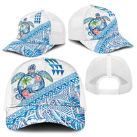 Hawaiian Abstract Sea Turtle Baseball Net Cap Polynesian Tapa Art and Kakau Tattoo White WaterColor - Polynesian Pride