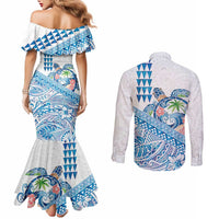 Hawaiian Abstract Sea Turtle Couples Matching Mermaid Dress and Long Sleeve Button Shirt Polynesian Tapa Art and Kakau Tattoo White WaterColor - Polynesian Pride