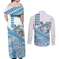 Hawaiian Abstract Sea Turtle Couples Matching Off Shoulder Maxi Dress and Long Sleeve Button Shirt Polynesian Tapa Art and Kakau Tattoo White WaterColor - Polynesian Pride