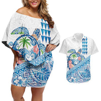 Hawaiian Abstract Sea Turtle Couples Matching Off Shoulder Short Dress and Hawaiian Shirt Polynesian Tapa Art and Kakau Tattoo White WaterColor - Polynesian Pride