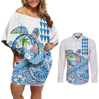 Hawaiian Abstract Sea Turtle Couples Matching Off Shoulder Short Dress and Long Sleeve Button Shirt Polynesian Tapa Art and Kakau Tattoo White WaterColor - Polynesian Pride