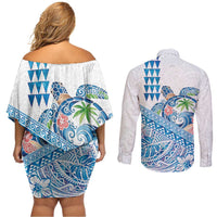 Hawaiian Abstract Sea Turtle Couples Matching Off Shoulder Short Dress and Long Sleeve Button Shirt Polynesian Tapa Art and Kakau Tattoo White WaterColor - Polynesian Pride