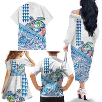 Hawaiian Abstract Sea Turtle Family Matching Off The Shoulder Long Sleeve Dress and Hawaiian Shirt Polynesian Tapa Art and Kakau Tattoo White WaterColor - Polynesian Pride