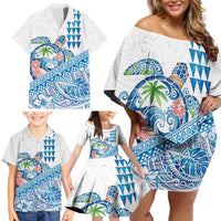 Hawaiian Abstract Sea Turtle Family Matching Off Shoulder Short Dress and Hawaiian Shirt Polynesian Tapa Art and Kakau Tattoo White WaterColor - Polynesian Pride