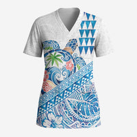 Hawaiian Abstract Sea Turtle Scrub Top Polynesian Tapa Art and Kakau Tattoo White WaterColor - Polynesian Pride